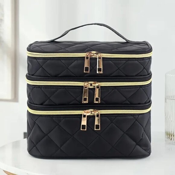 3-Layer Quilted Cosmetic Bag Polyester Travel & Home Organizer with Handles - Picture 1 of 3